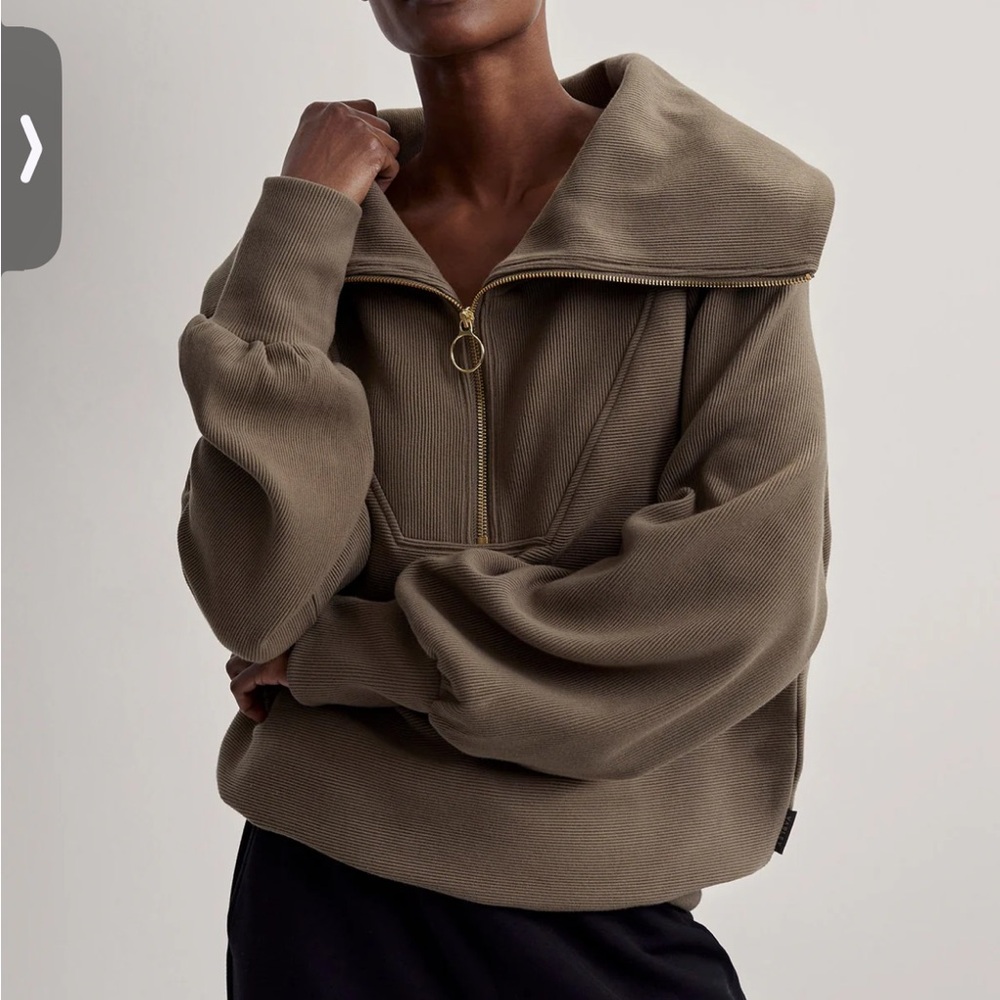 Varley Olive Zip-Front Funnel Neck Sweatshirt